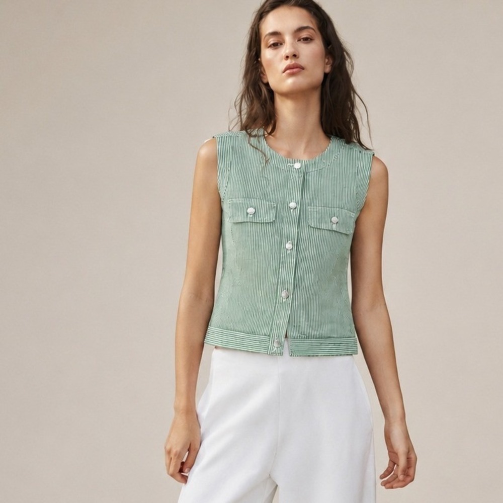 Free Assembly Green & White Striped Denim Vest Size Medium Utility Crop